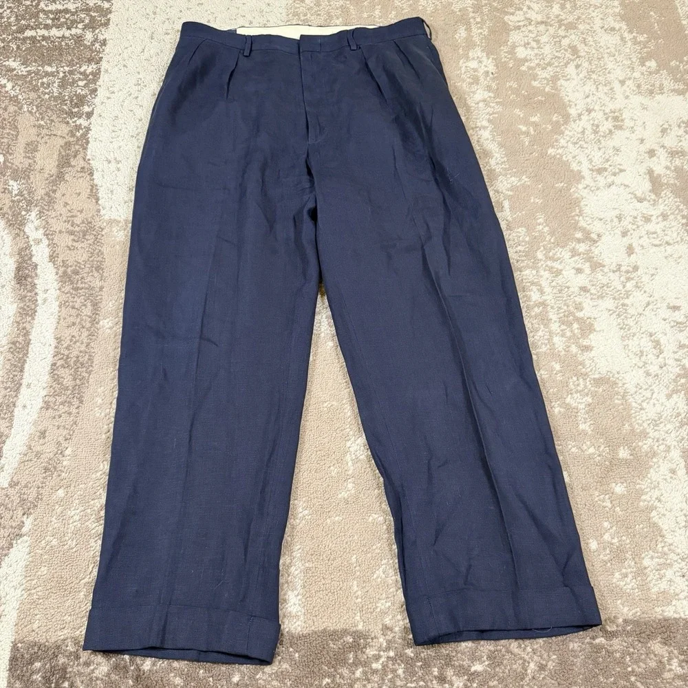 VTG Polo Ralph Lauren Pants Men's 36x30 Blue Pleated 100% Linen Dress Cuffed